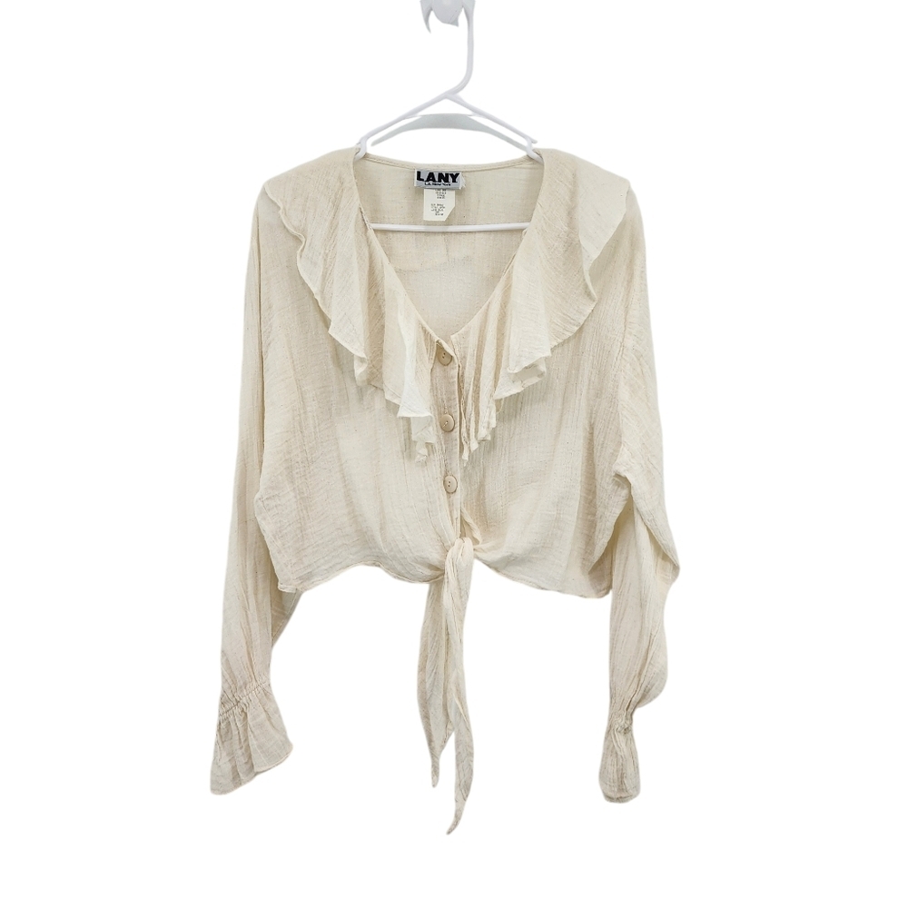 Cream Ruffle Tie-Front Crop Top
